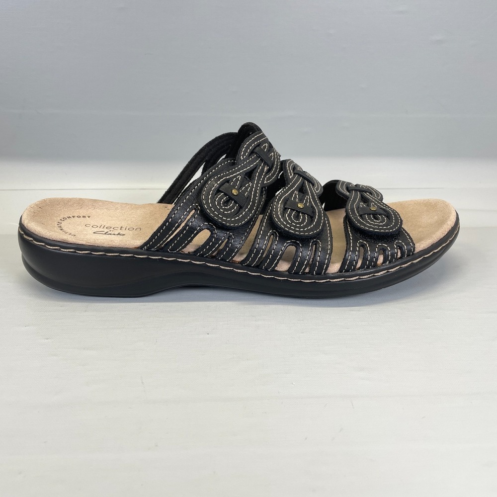 Clarks Leisa Faye Sandals Womens Size 10 M Black Leather Slides Comfort Shoes